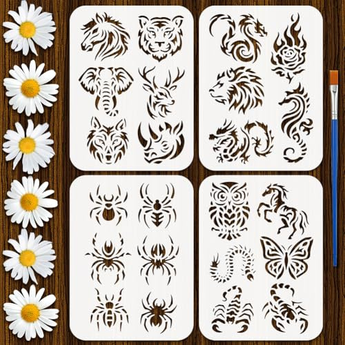 FINGERINSPIRE 4 Stück Tier Tattoo Malschablone Mit Kunststoffpinsel 15x20cm Pferd Tiger Elefant Vorlage Drache Spinne Schmetterling Schablone Tiermotiv Vorlage Zum Malen Auf Holzböden