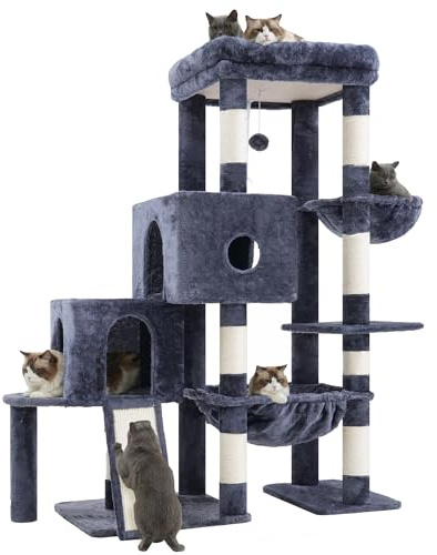 Hey-brother Árbol para Gatos, Rascador para Gatos con una Gran Plataforma, Estructura escalonada, con 2 nidos para Gatos, una Hamaca espaciosa, un rascador de sisal y una Cesta, Gris Humo MPJ071G