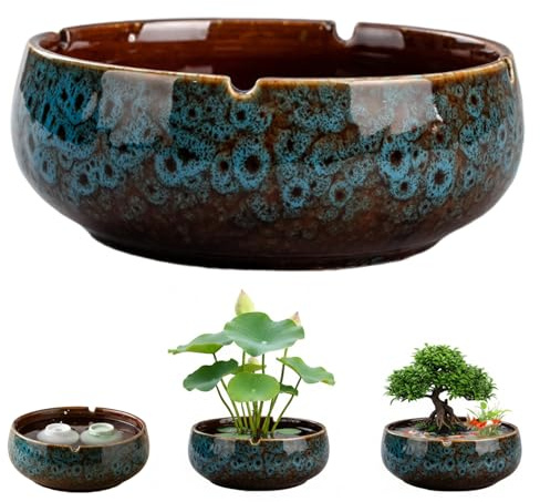 SMELEYOU Cuenco Decorativo Macetero de cerámica Lotus Bowl para suculentas y Plantas pequeñas Maceta de Agua con Base Antideslizante Interior Exterior Azul
