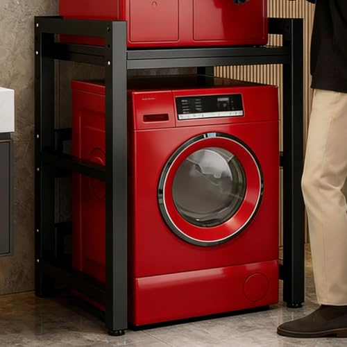 Soportes para lavadoras-secadoras Soporte de Carga 800Kg, Ajustable en Altura de 3 Niveles Mueble Para Lavadora y Secadora, Tubo Cuadrado de 1mm Espesor Estanterías para baño (BLACK, 75x65x105cm)