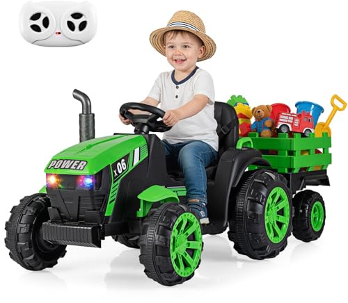 COSTWAY Elektrisk Traktor med Släpvagn, 24 V Sitttraktor med Fjärrkontroll, Barntraktor med Musik, USB, Mjuk Start och LED-Strålkastare, Eltraktor för Barn från 3 År