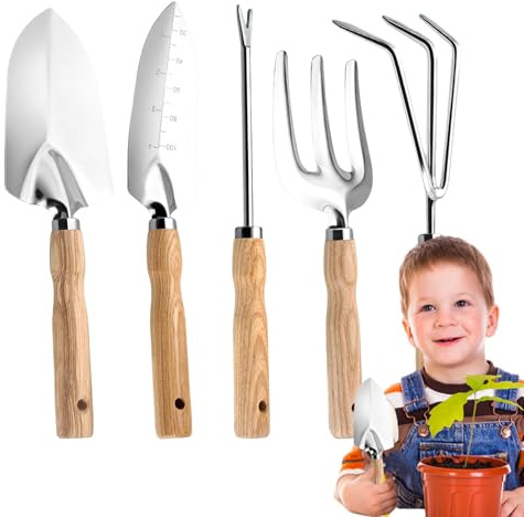 Attrezzi Da Giardinaggio, 5 Pezzi Forche Resistente in Acciaio Inossidabile con Manici in Legno, Kit da Giardinaggio per Donne, Per Piantagione Esterna Di Fiori E Ortaggi, Scavo, Irrigazione E