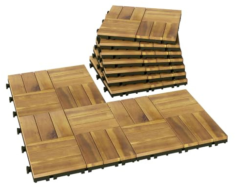 Outsunny 10 Baldosas de Exterior de Madera de Acacia 31x31 cm Natural | 0,91 m², Suelo de Terraza Exterior, Antideslizantes, Resistentes al Clima, Fácil Instalación, para Jardín