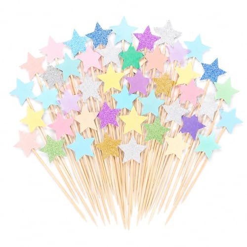 Gleevio 50 Stück Bunt Stern Tortendeko Geburtstag, Glitzer Happy Birthday Cupcake Topper, Klein Stern Kuchen Deko Geburtstag 2,4x9cm, Sterne Muffin Deko für Einschulung Hochzeit Taufe Weihnachten