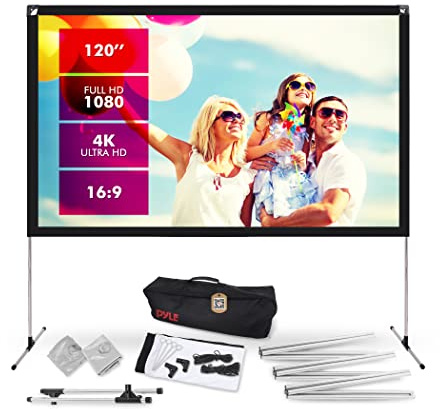 Pyle Pantalla de proyección de 120 Pulgadas 16:9 HD 4K con trípode, portátil y Independiente, ángulo de visión de 160° con Bolsa de Transporte, Ideal para Interior/Exterior, Noche de Cine, Escuela