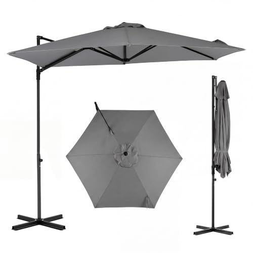COSTWAY Parasol Déporté Hexagonale à Pied, Hauteur 240 CM (Gris) | Pivotant à 360°, Manivelle, Toile Inclinable à Double Couche, Parasol de Jardin Extérieur, pour Terrasse, Balcon, Piscine