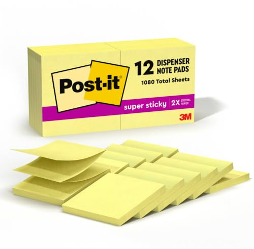 Post-it Super Sticky Dispenser Pop-up Notes, 12 Sticky Note Pads, 3 x 3 in., 2X The Sticking Power, New Year Organization or Second Semester School Supplies, Canary Yellow