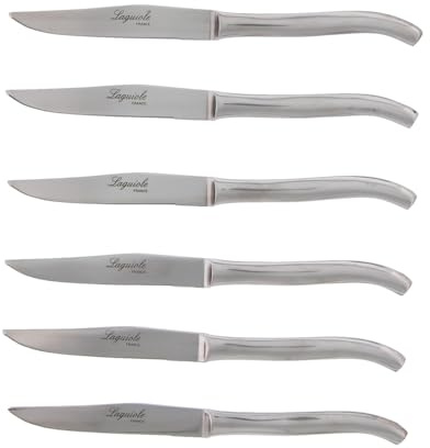 Pradel Excellence - Coffret 6 Couteaux Laguiole Monobloc Forgé - Acier Inoxydable - Longueur Totale 22 cm - Manche Acier Brossé - Fabrication Française pour Haute Qualité, Argenté