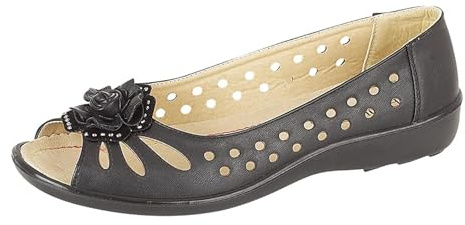 Boulevard Womens Wide Fit Leather Lined Open Peep Toe Flower Summer Shoes Black 5