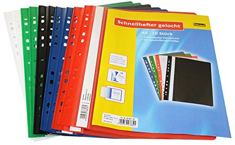 Idena 307862 - Schnellhefter A4 gelocht, aus Kunststoff, 10 Stück, 5 Farben, 2 x blau/grün/rot/weiß/schwarz (gelocht / 10 Packungen)
