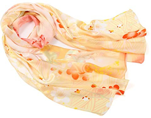 Prettystern Femme grande-taille 180 cm XL étole longue Écharpe en Crêpe Satin Soie imprimé Fleurs de cerisier du Japon