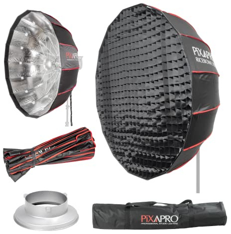 Pixapro 105cm 3ft Bowens S-Type Rice Bowl Softbox With Grid Easy-Open 16 Rods Circular Parabolic Soft Box Round Diffuser Studio Photo Key Light Portrait Product Photography Video (Silver)