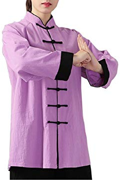 FUYUFU Coton et Lin Tenue de Tai Chi à Manches Longues Unisexe Vêtements D’Arts Martiaux Kung-fu Costume Ridé (Un Ensemble) (Veste Violette/Pantalon Noir, XXL)