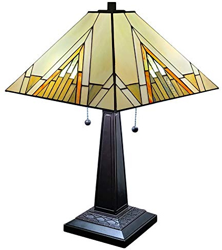 Tiffany Style Table Lamp Banker Mission 23 Tall Stained Glass Tan Brown Vintage Antique Light Décor Night Stand Living Room Bedroom Handmade Gift AM348TL14 Amora Lighting