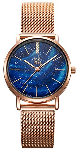 Alienwork Armbanduhr Damen Roségold Metall Mesh Armband Edelstahl Blau Ultra-flach Elegant