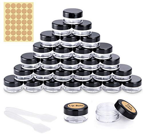 30 Stück Döschen, Cremedose Leer Tiegel Mini Cremedöschen mit Etikettenaufkleber und Mini-Spatel für Nailart Lippenbalsam Creme, 5g 5ml Schwarz