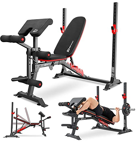 Hop-Sport Verstellbare Hantelbank mit Curlpult, Beinstrecker und Langhantel-Ablage, Multifunktional Trainingsbank, Kraftstation für Zuhause, 240 kg Max. Belastbarkeit