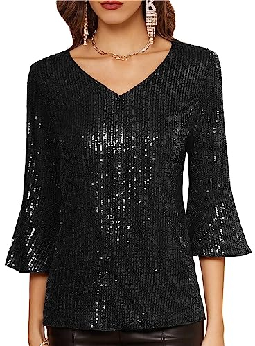 GRACE KARIN CL 1559 Top da donna con scollo a V e paillettes, elegante, L
