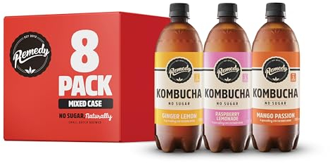 Remedy Kombucha Tea - Mixed Pack - 4 Mango Passion, 2 Ginger Lemon, 2 x Raspberry Lemonade - Sparkling Live Cultured, Naturally Sugar Free Soft Drink - Probiotic for Gut Health - 8 x 700ml