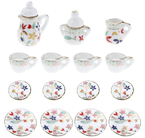 eMagTech 15 Stücke 1:12 Mini Porzellan Blume Teetasse Set Miniatur Simulation Möbel Set Mini Blumenmuster Teekanne Tasse Teller Set Zubehör für Puppenhaus Dekor