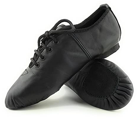 ISMUN Jazz Shoes Real Leather Black Jazz Shoes Size 4.5 UK Lace-Up for Girls and Women, Split Sole for Modern Stage