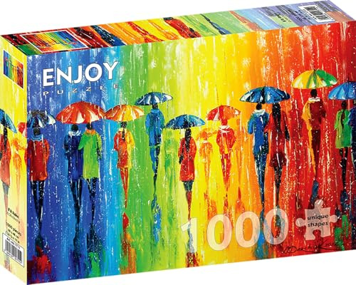 1000 Pieces Jigsaw Puzzle for Adults – Matte Finish, Soft Touch, Sturdy and Unique Pieces, Tight Fit, Vivid Colors, Missing Pieces Service – Rainbow Rain Walk with People and Umbrellas by ENJOY Puzzle