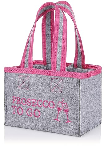 FunX Flaschentasche Prosecco to go - Filztasche für 6 Flaschen - Grau mit Trageschlaufen und Aufdruck - Vielseitig einsetzbar - 19x12x14 cm