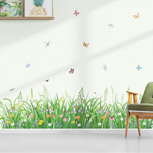 decalmile Wandsticker Grün Gras Wiese Blumen Wandtattoo Blumenwiese Bunt | Abziehbare und Aufklebbare Wandaufkleber, DIY Abnehmbare Wandkunst Abziehbilder, Wandfreundlich, Leuchtenden Farben