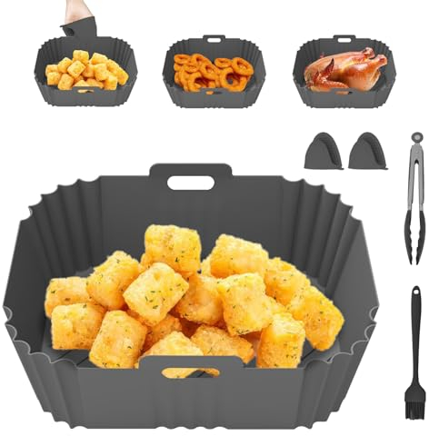 Silikonform für Heißluftfritteuse, Air Fryer Liners 21.5cm Wiederverwendbar Anstelle Airfryer Backpapier Pergamentpapier, Heißluftfritteuse Zubehör mit Ofenhandschuhen (4-Sets Grau)