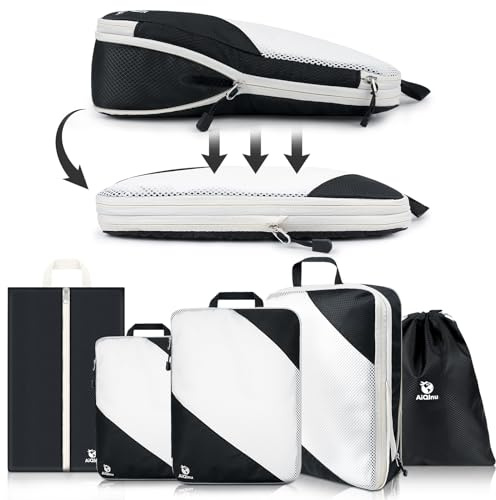 AiQInu Packing Cubes Compression, 5 Stück Packtaschen Kompression Koffer Organizer Set mit Wäschebeutel und Schuhbeutel Ultraleicht, Erweiterbar, Reisepack Organizer für Handgepäck