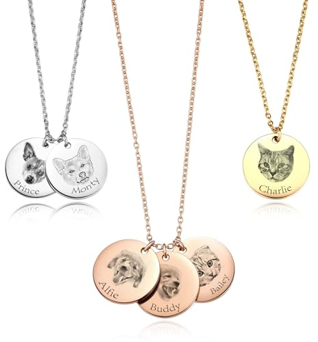 MeMeDIY Personalisierte Haustier Portrait-Halskette mit Eingraviertem Haustier Skizze/Farbfoto Personalisierte Hunde-Katzen-Halskette Geschenke für Haustiermütter