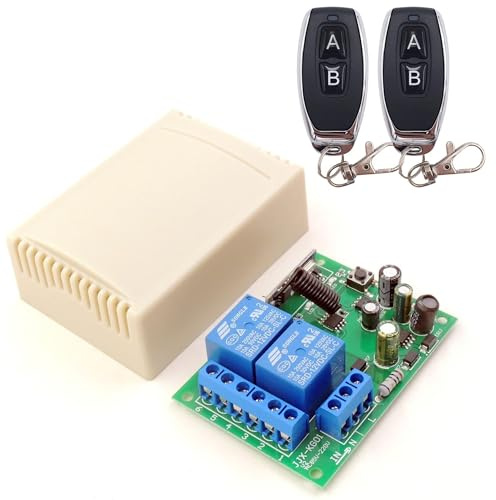Receptor RF universal para puerta de garaje y control de luces con mando a distancia 2 canales 220 v 12-24v interruptor rele transmisor para puertas persianas porton cochera (220V - 2 Remotes)