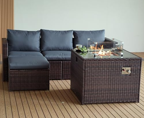 Corner Rattan Garden Furniture Set with Fire Pit Table - Outdoor Patio furniture Conservatory Sofa sets - RAIN COVER INCLUDED (Dark Brown - Grey Cushions, L Shape - Fire Pit Coffee Table)