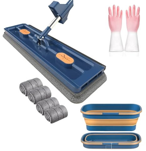 Mopa plana grande Magic 2024, mopa de microfibra autoescurrida con almohadillas de microfibra, rotación de 360 grados en húmedo y seco para limpieza de suelos (azul, mopa + 4 paños + cubo)