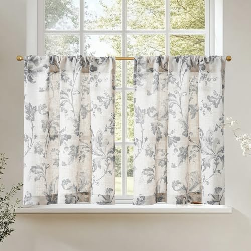TOPICK Rideaux de Cuisine Court Brise Bise Chambre Placard Rétro Gris 65L X 60H cm, Rideau Cuisine Translucide, avec Motif Vintage Floral à Passe Tringle, Decoration pour Petie Fenetre Porte Lot de 2
