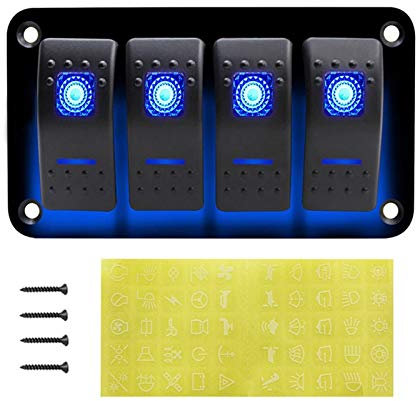 MUEOSI Panneau de Commutation de Voiture à 4 Gangs, interrupteurs de Commande à Bascule for Bateau, for Camion Marin, Bateau, Camping-Car, Accessoires de Caravane Tableau électrique(4gang Blue)