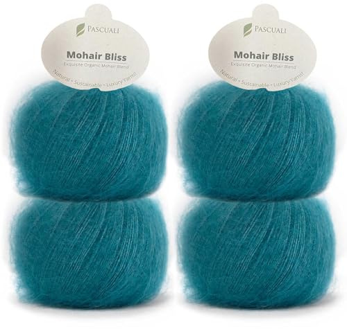 PASCUALI | Mohair Bliss |Strickwolle aus 60% Mohairwolle (Kid Mohair) 40% Seide Wolle Mohairgarn zum Stricken und Häkeln, SET: 4 Knäuel - 100g - Farbe:Ozean 806