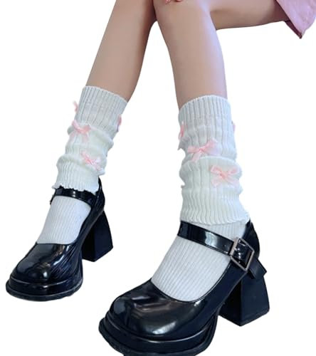 YUPEIUKLI Damen-Ballettstulpen aus Rippenstrick, Kurze Beinwärmer, Japanisches JK-Mädchen, süße kleine Schleife, gerüschter Saum, Stiefelstulpen, Söckchen