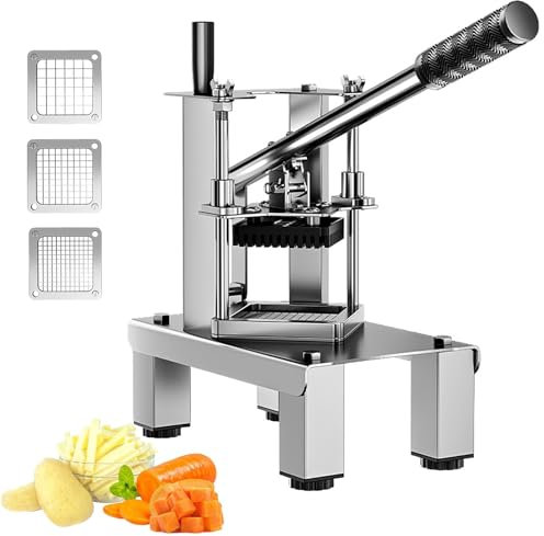 Cortador Vertical Manual de Patatas Fritas, Picador de Verduras de Acero Inoxidable con 3 Cuchillos, 3 Tipos de moldes, diseño Push-Down, Altura Ajustable, Base Antideslizante, Apto para Patatas