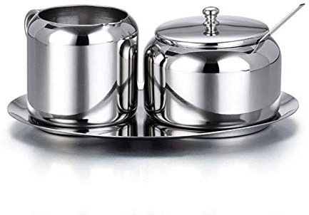 YXUANYZNB Azucarero de acero inoxidable, juego de leche y azúcar, pequeño tarro de azúcar con bandeja de cuchara y cuchara de azúcar para casa, cocina, hotel y cafeterías