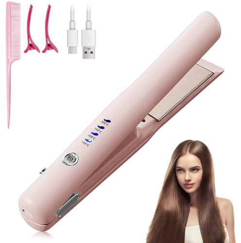 Cordless Hair Straighteners, 2 in 1 Hair Straightener and Curler Mini Portable Wireless Hair Straighteners Curling Iron with 4 Temperature USB Rechargeable Travel Straighteners, Fast Heat Up (Pink)