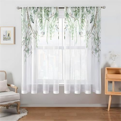 Odot Halbtransparente Vorhänge mit Stangentasche, 3D Grün Blatt Muster Voile Gardinenvorhang 2 er Set Fensterschal Moderne Vorhänge Fenster für Wohnzimmer Schlafzimmer