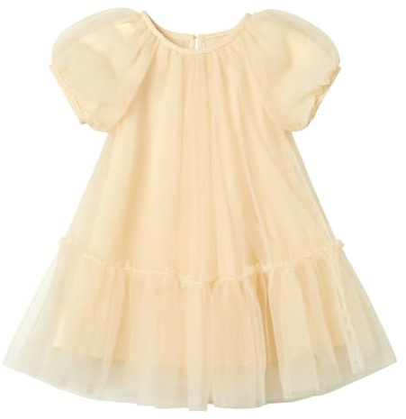 Ugitopi - Abito in tulle per ragazze con fodera in cotone – Elegante abito da festa a linea A con maniche a palloncino, gonna a strati multiplo & comfort per bambine attive, champagne, 3 anni