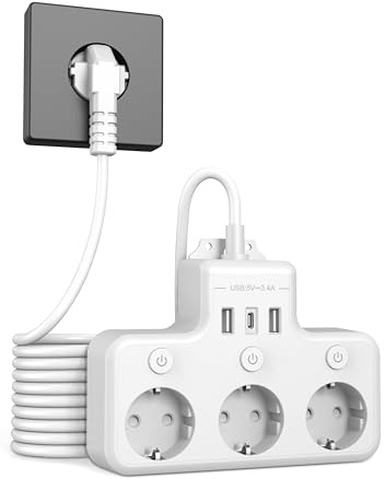 Vipwell Steckdosenleiste Wandmontage mit USB - 1 USB C und 2 USB A Anschlüsse, Steckdosenleiste Einzeln Schaltbar, Verlängerungskabel 2m Mehrfachstecker Ideal für Programmierer Designer