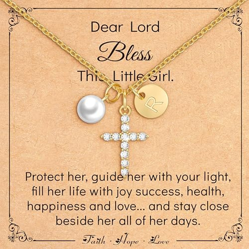 Miss Chipmunk Cross Pearl Initial Necklace for Girls,First Communion Baptism Confirmation 14K Gold Plated Little Girls Jewelry Gifts for Teenage Daughter Best Friend(Initial R)