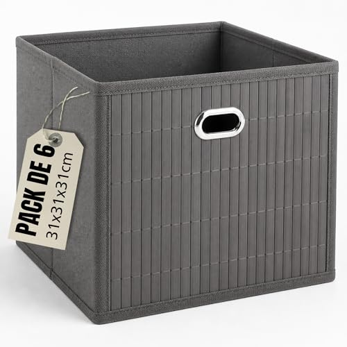 LUXYSKY est 2022 6 Cajas Almacenaje - Cestas Almacenaje - Cajas Organizadoras 31x31x31cm - Cajas Almacenaje Decorativas Hechas En Bamboo Y Tela - Cestas Organizadoras - (GRIS, 31x31x31 cm)