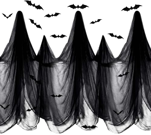 Schwarzes Spinnennetz Gruselige Stoffe,Halloween Deko Stoff 215 * 800CM,Super Große Gruselige Tuch mit 12 Fledermaus Aufkleber,für Halloween Party Dekoration Haus,Garten,Kamin,Fenster,Türen