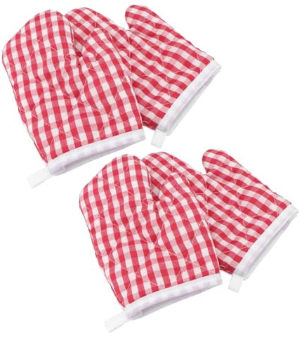 ROMISBABA Kids Heat Resistant Oven Gloves 4pcs Red Checkered Polyester Baking Kitchen Mitts Microwave Oven Safe Cooking Accessories