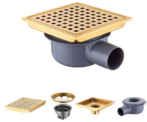 Caniveau De Douche en Acier Inoxydable 360° Siphon,Siphon De Sol,15x15 Cm,Capteur d'Odeurs Et Filtre à Cheveux 2 en 1,Siphon De Sol pour Douche,pour Salles De Bains,sous-Sols(Or)