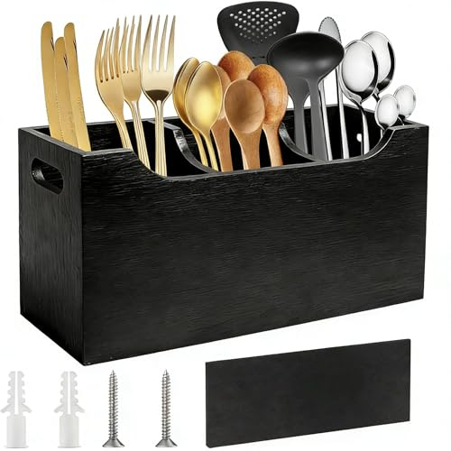 Vookkp Kitchen Utensils Holder Black Wood Cutlery Holder Large Cooking Utensil Organizer with 3 Compartment & Drainage Bottom Flatware Caddy for Wall Countertop Farmhouse Forks Spoons Cutters